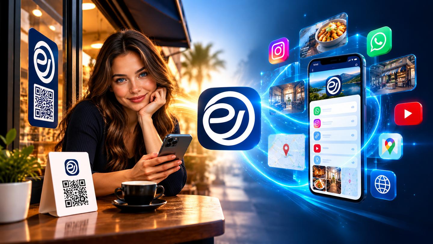 Uma mulher num café segura o celular; na mesa, um cartão com QR Code do ee-cod. Do outro lado, a página dela aberta no celular, com WhatsApp, Instagram, mapa e fotos.